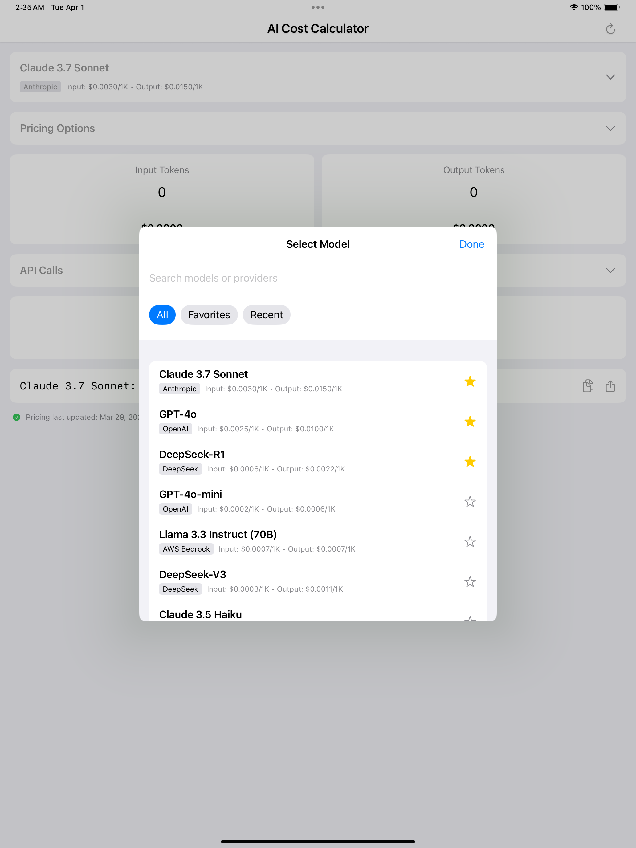 AI Cost Calc iPad - Expanded View